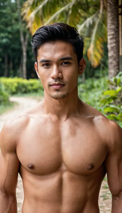 A man, 25 years old, young, Malay, handsome, muscular physique with a chiseled chest, mesomorph body type, fair-skinned, black hair, short hair, his body glistens with sweat, shirtless.

Wearing a speedo underwear.

Confident facial expression.

In a village, on a sunny day.