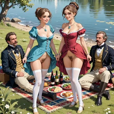 The classical illustrative style depicts a scene set in Russian Empire in 1860s, .bright, colorful colors, top view, (warm ambient light:.5), (shadows:.4), Summer, heat, south, 2 very beautiful noble women, ((1 very beautiful nice cute younger noble women 18 years old)), (both are different with elegant hairstyles, beautiful unbuttoned at the chest dresses with lift up hem, dresses style of the 19th century and long white silk stockings, with jewelry around their necks, shoes), women are smiles playfully, ((They both stand and lift the hems of their dresses above their waists in front of the 2 different Dapper moustaches guys sitting on the river beach)), ((women's hairy pubic and hairy labia are visible)), (A mischievous smile on faces), 2 Dapper moustaches with goatees guys Fully dressed like the dandies of that era with laughter, a rug with food and bottles of wines for a picnic is spread out on the grass in front of the whole company. view from below, perfect fingers, perfect anatomy, (woman's body and girl's body), 2girl+ 2guys, tylized manga-style illustration, elongated proportions, expressive eyes, graceful movements, dramatic but stylized lighting, gloomy elegance, emotional atmosphere, clear, precise lines, soft shading with subtle gradients, dot drawings, grayscale print texture, flat color fields, limited CMYK palette, contours in thick ink, retro offset printing, slight color shift, dynamic low-angle composition, bright midday sunlight, diagonal lines of movement, cinematic framing, retro energy of the comic panel