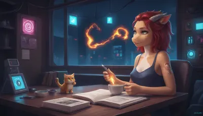 the neon glow of a cyberpunk metropolis, a stunning girl, she has implants and glowing tattoos, slowly sipping a cup of hot tea, while reading a paper book, she looks up from the book and out the window to the streets outside which are bathed in pink and turquoise holographic lights, where among flying drones and digital ads, this contrast between the high-tech world and a quiet moment of human warmth creates an unforgettable magic. Her eyes, reflecting the neon light, are full of both strength and tenderness, Rainbowiridal, Spiral, rainbowiridal, eyes, palette, Shiny..., Bright..., Intense, gaze, Fire, dragon, Amber, cat, Anthro..., woman, Genetically, modified..., cyberpunk, str33t, <lora:attractive_notrigger:2>, <lora:RMSDXL_Enhance:2>, <lora:Stunning_eyes_2:2>, <lora:cyberpunk_str33t:2>, <lora:augs:2>
