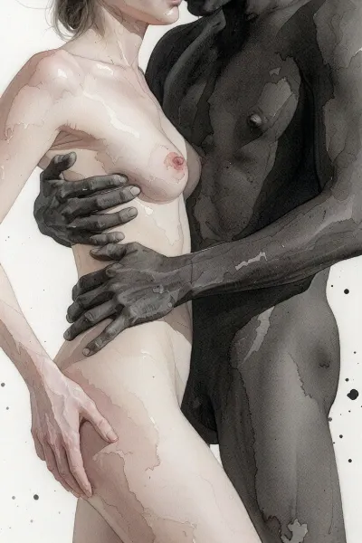 monochrome figurative watercolor painting on textured white cold pressed paper, intimate close cropped composition of two clearly adult human figures, busty woman, 28 years old, and, a man, 32 years old, intertwined at extremely close range, bodies filling almost the entire vertical frame, unusual overhead and slightly oblique viewpoint, almost no environmental context, the composition built from overlapping torsos, shoulders, arms, hands and bent legs, one adult figure occupying the lower half of the image while the second figure enters strongly from the upper edge, faces largely outside the crop or obscured by the compressed arrangement, intimate physical proximity expressed through overlapping anatomy rather than explicit action, loose gestural anatomy with recognizable human proportions but deliberately unfinished contours, black watercolor and diluted India ink only, broad transparent gray washes, soft bleeding edges, irregular pools of pigment, granulation, blooms, backruns and visible water stains, darkest charcoal gray concentrated around overlapping limbs and deep anatomical shadows, large areas of untouched white paper functioning as highlights, almost no hard outlines, forms emerging from tonal masses, wet on wet transitions beside occasional dry brush accents, hands and fingers loosely indicated rather than meticulously rendered, spontaneous expressive brushwork, slightly distorted perspective characteristic of observational life drawing, strong contrast between pale skin shaped by diluted washes and dense near black shadow passages, subtle paper fibers visible throughout, handmade imperfect quality, contemporary expressive nude figure study, restrained museum sketchbook aesthetic, vertical portrait format, approximately 3 to 4 aspect ratio, no background objects, no decorative elements, every mark focused on gesture, weight, overlapping bodies and tonal rhythm