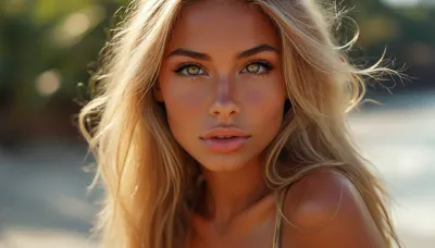 sharp focus, depth of field, 8k photo, HDR, professional lighting, taken with Canon EOS R5, DSLR, 75mm lens, (UHD 8K, masterquality, best quality, maximum details, extreme realism, cinematic still), A full body photo of a beautiful sexy woman on a sunlit beach, radiating confidence and elegance. Beautiful, 22 brazilian supermodel, 1.76 meters tall, (dark tan:1.3), bronze skin, (super long blonde hair with brown highlights:1.4), detailed brown eyes, (professional make up job, eyeliner, blush, mascara), long eyelashes, (high cheek bones:1.4), (perfect nose:1.3), (full pouty lips:1.2), firm 34c cup breasts, tight glutes, long shapely legs, long feminine arms, smooth skin, perfect eyes, perfect teeth, painted fingernails, perfectly proportioned, highly detailed body and face, wearing a tight dark blue micro bikini, cameltoe, ((oiled skin glistening:1.2)), (her oiled skin glowing under the warm sunlight), with soft smile and relaxed expression as she poses on all fours crawling toward the in a seductive manner for the photo, capturing her beauty and serene beachside setting., supermodel, face, big, lips, but, green, eyes, blue, brown, perfecteyes, <lora:Beautify-Supermodel-SDXL:2>, <lora:BUT_SDXL_SHS:2>, <lora:PerfectEyesXL:2>, <lora:add-detail-xl:1.3>, <lora:MJ52:1>