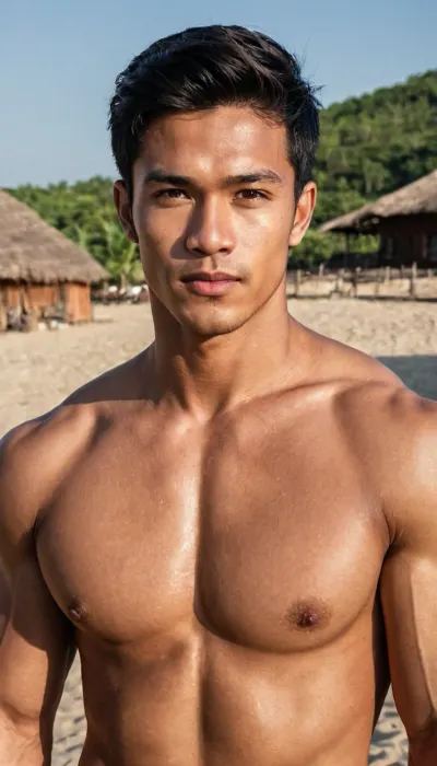 A man, 25 years old, young, Malay, handsome, muscular physique with a chiseled chest, mesomorph body type, fair-skinned, black hair, short hair, his body glistens with sweat, shirtless.

Wearing a speedo underwear.

Confident facial expression.

In a village, on a sunny day.