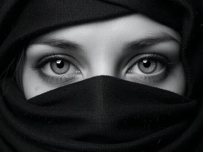 Ultra photorealistic extreme close up monochrome portrait photography, adult woman 28 years old, horizontal panoramic crop filled almost entirely by her eyes and layers of dark fabric, camera positioned perfectly frontal at eye level, only the upper bridge of the nose, both eyes, eyebrows and a narrow strip of surrounding skin visible, lower face completely concealed by multiple overlapping folds of a dark matte scarf wrapped across nose, cheeks, mouth and neck, additional fabric framing the forehead and temples like a hood, enormous expressive eyes staring directly into the lens with intense unwavering concentration, highly detailed irises with complex radial structure, large dark pupils, sharp limbal rings, tiny natural catchlights, individual upper and lower eyelashes rendered distinctly, subtle moisture along the waterline, finely resolved skin pores and natural under eye texture, delicate brow hairs, symmetrical composition with eyes positioned across the upper third, scarf fabric showing exceptionally detailed woven fibers, tiny irregular threads, layered folds and subtle tension lines, deep black background completely disappearing behind the fabric, strong monochrome contrast, luminous silver gray eyes against near black surroundings, directional frontal light concentrated exclusively around the eyes, controlled falloff, 100 mm macro portrait lens character, f 4, razor sharp focus on both irises and nearby textile fibers, subtle grain, restrained vignette, dramatic mysterious editorial realism.