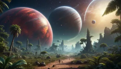 fullcolor image, 8K quality, gas giant satellite planet, fantastic jungles, alien strange landscape, fantastic animals
