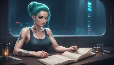 the neon glow of a cyberpunk metropolis, a stunning girl, she has cybernetic implants and glowing tattoos, slowly sipping a cup of coffee, she is wearing a tank top that reveals some of her breasts, while reading a paper book, (she looks away from the book and out the window to the streets outside which are bathed in pink and turquoise holographic lights), where flying drones and digital ads fill the backdrop, Her eyes, reflecting the neon light, are full of both strength and tenderness, cyberpunk, glasses, led, <lora:attractive_notrigger:2>, <lora:RMSDXL_Enhance:2>, <lora:Halcyon Cyberpunk Style:2>, <lora:Cyberpunk_Glasses_-_SDXL:2>, <lora:augs:2>