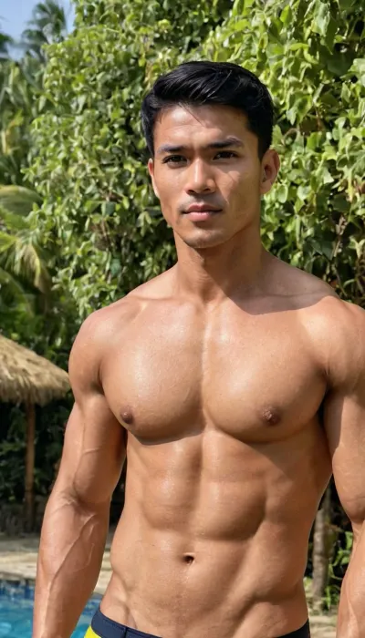 A man, 25 years old, young, Malay, handsome, muscular physique with a chiseled chest, mesomorph body type, fair-skinned, black hair, short hair, his body glistens with sweat, shirtless.

Wearing a speedo underwear.

Confident facial expression.

In a village, on a sunny day.