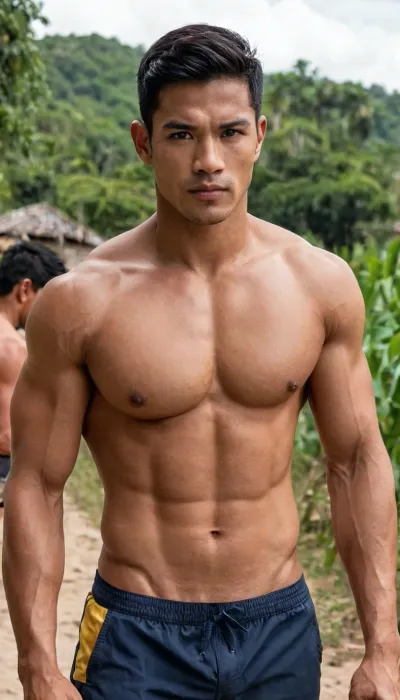 A man, 25 years old, young, Malay, handsome, muscular physique with a chiseled chest, mesomorph body type, fair-skinned, black hair, short hair, his body glistens with sweat, shirtless.

Wearing a speedo underwear.

Confident facial expression.

In a village, on a sunny day.