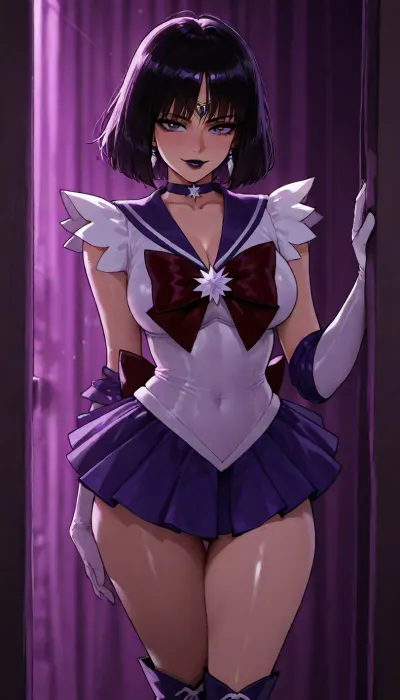 Melkor mancin meet markgavatino style, cute anime style eyes, Goth babe in chains and satin, ((Sailor Saturn, in purple costume)), purple skirt, bows, loves to show off her body curves Dark eyeliner, long eye lashes, black lipstick, 25 years old cutie, (short petite height with medium cleavage), ((purple lounge)), warm strong lighting, thick long boots, confident smile