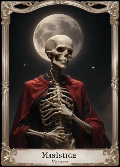 Tarot Card Style, moon background, black background, skeleton, red spakling eyes, no humans, sparkle, tarot, masterpiece, official art, <lora:DUSK_XL_TAROTCARD_dadapt_cos_5e4:.8>