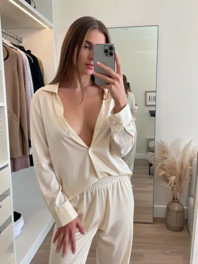 A masterpiece, top-notch quality, ultra-high detail, a realistic lifestyle-style photo in the mirror, (selfie), . A candid shot with soft, natural morning light. Composition, a realistic full-length selfie featuring an incredibly attractive Instagram model. She stands directly in front of a huge, minimalist floor-to-ceiling mirror in her stylish and luxurious walk-in closet, holding a smartphone to take a photo of her outfit for her “Stories.” The girl has tilted her head slightly, looking at the phone screen in the reflection with a soft, confident half-smile. The smartphone rests elegantly in her right hand, partially obscuring the center of her face, her hand is rendered with anatomically flawless detail, five clearly defined, slender fingers and a neat, natural manicure. Outfit and skin, She is wearing a premium, loose-fitting silk loungewear set in creamy pastel tones, consisting of a partially unbuttoned silk blouse and wide-leg pants. The unbuttoned collar elegantly reveals the upper part of her chest, her graceful collarbones, and her smooth neck. Background in the reflection, The mirror reveals a bright, tidy, minimalist-style walk-in closet with open clothing shelves, warm, stylish lighting, and a bouquet of pampas grass in a ceramic vase in the corner. Soft bokeh, authentic social media aesthetics, high resolution