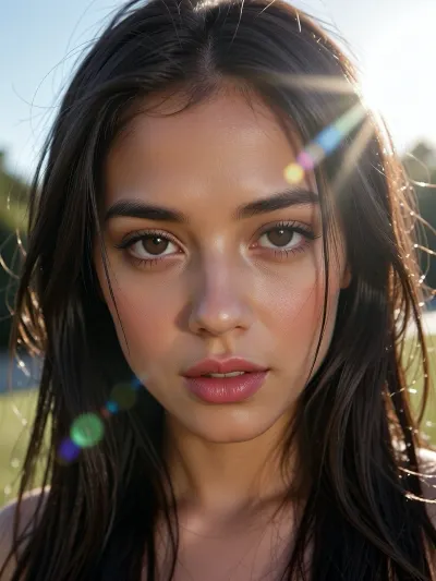 (experimental avant-garde artistic study of light and contrast), (striking of a 24yo woman's brilliant brown eyes), (surreal scene with intense hair-glow lighting, HDR lighting, light bloom, god rays, lens flare, thai), (stray strands of hair framing her face), (outdoors daylight scene), (cinematic offset framing composition)