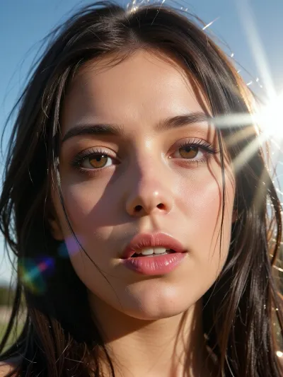(experimental avant-garde artistic study of light and contrast), (striking low-angle closeup of a 24yo woman's brilliant brown eyes), (surreal scene with intense hair-glow lighting, HDR lighting, light bloom, god rays, lens flare), (stray strands of hair framing her face), (outdoors daylight scene), (cinematic offset framing composition)