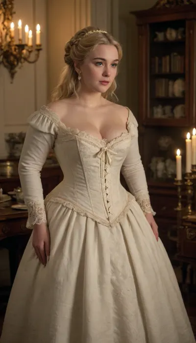 A charming 20-year-old blonde socialite in an 1850s wealthy European manor, standing in the candlelit dressing room of her family's grand estate. She has long blonde hair arranged in an elaborate fashionable mid-19th-century hairstyle, soft rounded facial features and a sweet, adorable expression.

She has a noticeably plus-size, very soft and generously rounded figure, including a large, prominent belly. She is in the process of getting dressed for an elegant evening gathering and is struggling with a traditional white whalebone corset. The corset is already around her waist, but she cannot quite fasten or lace it closed over her rounded belly. She looks mildly embarrassed and amused by the situation rather than distressed.

She wears a modest period undergarment beneath the corset, with a partially completed 1850s outfit waiting nearby, a voluminous skirt, petticoats, blouse and other elegant clothing pieces arranged around the room. Rich wooden furniture, an ornate dressing table, mirrors, folded fabrics and several glowing candles create a warm, luxurious atmosphere.

Highly detailed historical clothing and hairstyle, authentic 1850s interior design, realistic fabric textures, natural body proportions, soft candlelight, cinematic composition, photorealistic historical portrait, warm and elegant atmosphere., <lora:Chubby BBW - XL:2>