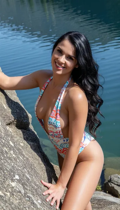 KBeautiful 30 yo woman with very long black wavy hair, (black_hair), hip length hair, in a deep v-neck colourful patterned one-piece swim suite, deep cleavage, she is free climbing a rock bluff by a flat calm clear blue lake in the Pacific Northwest, she has a big smile, clear sunny skies, perfect summer day, just above the water, ((bouldering))