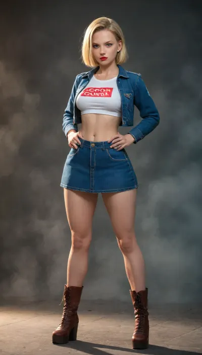 ((Barely cool)), ((Android 18:1.2)), realistic full body portrait in dynamic pose, (turquoise eyes), ((serious and mysterious expression:1.2)), ((Bright red lips very thick and small:1.3)), ((narrow waist:1.4)), (((extremely wide and curvilinear hips))), (((thick thighs))), (((Ella está en un callejón futurista con mucha fog:1.5))), ((She's wearing a crop-top with a beautiful denim jacket and pleated denim skirt)), ((Ankle boots with platform:1.1)), ((short golden hair:1.2)), ((warm lighting, fog:1.4)), ultra realistic leather and fabric texture, ultra high resolution 8K, photorealistic style --v 5 --ar -style 750