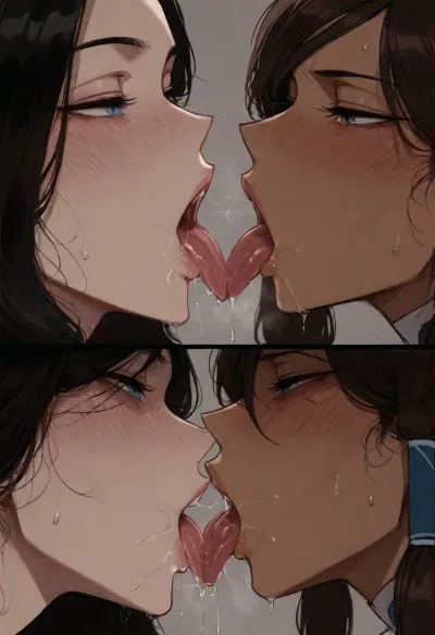 (Ratatatat74), (korra), (asami sato), spit swapping, tongue licking, lesbian, close-up, <lora:ratatatat74-000050:.8>