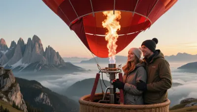 ultra photorealistic cinematic mountain photography, early morning over the Dolomites, masterpiece atmosphere, warm sunrise glow breaking through drifting mist and layered clouds, a deep crimson hot air balloon gliding just above the jagged ridgelines and rocky spires of the Dolomites, half close composition with the balloon filling a large part of the frame, the lower portion of the envelope clearly visible and the basket close enough to read the couple’s faces and clothing, the burner firing intensely, powerful hot flames shooting upward into the balloon and illuminating the inner fabric with a deep red orange glow from within, the envelope glowing richly against the cool pale morning haze, breathtaking alpine landscape stretching into the distance, dramatic peaks, fog banks in the valleys, rolling cloud layers, subtle golden sunrise light touching the mountain edges, inside the basket an adult couple, woman 30 years old, man 32 years old, standing in a close intimate embrace, one of them operating the burner together while they enjoy the spectacular view, both wearing thick outdoor jackets, knitted pom pom beanies, gloves, layered winter clothing with realistic fabric texture, happy relaxed faces, visible smiles, warm affectionate expression, natural body language, detailed eyes, cheeks, lips and subtle emotion clearly readable, realistic skin texture, crisp hair strands peeking from under the hats, basket wicker texture highly detailed, metal burner frame and cables rendered accurately, strong contrast between the cool misty morning world outside and the fiery warm interior glow of the balloon, cinematic depth, rich atmosphere, fine local microcontrast, subtle natural lens compression, 70 mm full frame photography, eye level to slightly elevated perspective, tack sharp focus on the couple and basket, majestic Dolomite panorama still clearly legible behind them, slight atmospheric haze softening the far distance, raw natural realism, no fantasy look, no artificial polish, premium travel editorial quality, awe inspiring romantic adventure mood