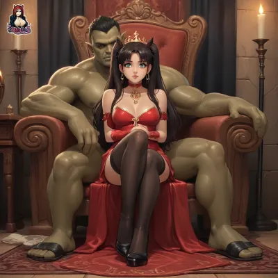 rin tohsaka from fate zero dross style reiq, reiq style and Jack cayless art style, masterpiece, best quality, highly detailed, (anime:1.2), huge dick, big dick, (a gorgeous 21 year old elf princess together with a giant male orc), giant male orc chieftain is sitting on a throne