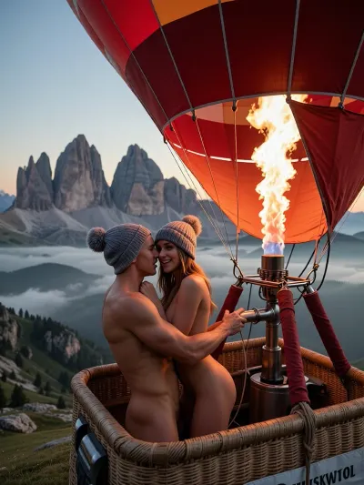 ultra photorealistic cinematic mountain photography, early morning over the Dolomites, masterpiece atmosphere, couple has sex standing up from behind, and he completely took the lead. He was thrusting hard and deep, his hips smacking against my ass with every movement. It was intense, rough, fast and totally uninhibited.warm sunrise glow breaking through drifting mist and layered clouds, a deep crimson hot air balloon gliding just above the jagged ridgelines and rocky spires of the Dolomites, half close composition with the balloon filling a large part of the frame, the lower portion of the envelope clearly visible and the basket close enough to read the couple’s faces and clothing, the burner firing intensely, powerful hot flames shooting upward into the balloon and illuminating the inner fabric with a deep red orange glow from within, the envelope glowing richly against the cool pale morning haze, breathtaking alpine landscape stretching into the distance, dramatic peaks, fog banks in the valleys, rolling cloud layers, subtle golden sunrise light touching the mountain edges, inside the basket an adult couple, woman 30 years old, man 32 years old, standing in a close intimate embrace, one of them operating the burner together while they enjoy the spectacular view, both nude with just, knitted pom pom beanies, happy relaxed faces, visible smiles, warm affectionate expression, natural body language, detailed eyes, cheeks, lips and subtle emotion clearly readable, realistic skin texture, crisp hair strands peeking from under the hats, basket wicker texture highly detailed, metal burner frame and cables rendered accurately, strong contrast between the cool misty morning world outside and the fiery warm interior glow of the balloon, cinematic depth, rich atmosphere, fine local microcontrast, subtle natural lens compression, 70 mm full frame photography, eye level to slightly elevated perspective, tack sharp focus on the couple and basket, majestic Dolomite panorama still clearly legible behind them, slight atmospheric haze softening the far distance, raw natural realism, no fantasy look, no artificial polish, premium travel editorial quality, awe inspiring romantic adventure mood