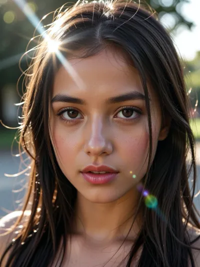 (experimental avant-garde artistic study of light and contrast), (striking of a 18yo woman's brilliant brown eyes), (surreal scene with intense hair-glow lighting, HDR lighting, light bloom, god rays, lens flare, thai), (stray strands of hair framing her face), (outdoors daylight scene), (cinematic offset framing composition)