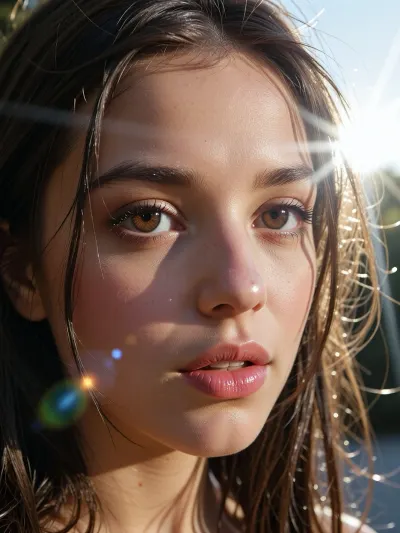 (experimental avant-garde artistic study of light and contrast), (striking low-angle closeup of a 18yo woman's brilliant brown eyes), (surreal scene with intense hair-glow lighting, HDR lighting, light bloom, god rays, lens flare), (stray strands of hair framing her face), (outdoors daylight scene), (cinematic offset framing composition)