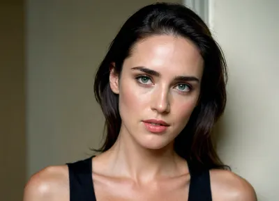 Jennifer Connelly, Jennifer Connelly in 2002, the actress Jennifer Connelly, age 32, She is tall, slender, slim waist, model figure, long naturally wild dark hair, subtle signs of very thin body, large full natural breasts with subtle uplift, (natural realistic anatomy:1.5), sophisticated fashion-model beauty, natural full arched brows, blue-green eyes, deep-set expressive eyes, sculptured cheekbones, elegant face, intense direct gaze, confident expression, mysterious, minimalist elegant styling, high-fashion editorial. she is wearing a man's suit, white button down shirt, black tie, black trousers, tight tailoring, early-2000s fashion magazine aesthetic, FHM aesthetic, dark sophisticated fashion editorial, art-directed fashion photograph, understated sensuality, cerebral, intimate, (photorealistic:1.2), extremely detailed natural skin texture, visible pores, subtle blemishes, tonal variation, fine skin texture, realistic skin, natural imperfections, realistic hair texture, individual strands, realistic textures, 35mm film photography, subtle analog grain, restrained color palette, deep blacks, muted tones, slightly imperfect film rendering, realistic photographic contrast, subtle halation, authentic photographic texture, soft diffused low-key lighting, (light falling across the face:1.3), soft window light through blinds, subtle shadow patterns, gentle falloff, dim ambient room light, subject illuminated without being spotlighted, delicate highlights across skin, dark minimalist bedroom, clean architectural lines, uncluttered background, understated luxury, balanced composition, quiet interior, three-quarter body composition, photo cropped around the thighs, body slightly turned away from camera, elongated posture, elegant asymmetry, relaxed hands, direct eye contact, sexy, seductive, intense, restrained eroticism, psychological tension, mysterious sensuality, quiet sexual confidence, editorial rather than commercial, late-1990s / early-2000s fashion photography, sophisticated, timeless, moody, beautifully composed, ImgFixerPre0.3, <lora:add-detail-xl:1>, <lora:DetailedEyes_V3:.5>, <lora:Hyper-SDXL-8steps-lora:1.5>, movie, still, film, cinematic, shot, lighting, macro, 35mm, green, eyes, blue, brown, close, up, teeth, braces, <lora:AdvancedEnhancerXLv2:.8>