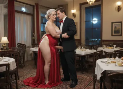 a zoomed-out photo of a 59 years old super extreme plump and extreme chubby granny, the granny is being screwed in a occupied elegant public restaurant, (((the elegant restaurant is well attended))), obese granny is forced to fuck by a young man, night time, the granny bends over at the edge of a set table in red evening dress, the table is set, super short granny, (((granny is wearing a long elegant red evening dress))), ripped red evening dress, (((nude breast))), small breast out of the evening dress, full side view, exposed, small sized breasts, side boob, grey messy hair, (((short cut messy hair))), glasses, the granny is forced to fuck by a super large 40 years old man with huge penis, the thin man is fucking and hugging the granny at night time, man with super short hair, super thin man, the man is wearing a elegant black suit, super slim man, full body view, hyper realistic zoomed-out photo, 8k photo, the man brutaly rapes the granny, creampie, cum inside granny, the granny is looking painfull to the viewer, (((moon and stars are shining at night time)))