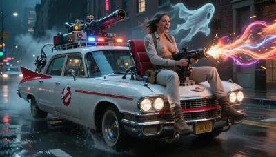 ultra photorealistic cinematic night action photography, legendary Ghostbusters Ecto-1 racing at full speed through rain slick neon lit city streets at night, dramatic low frontal three quarter viewpoint, iconic white 1959 Cadillac Miller Meteor ambulance body with red fins, chrome trim, blazing headlights, flashing emergency lights and dense rooftop paranormal equipment, extreme mechanical detail, wet asphalt reflecting headlights and neon, tire spray, wheel motion blur, intense sensation of speed, clearly adult female ghost hunter, 29 years old, very sexy, detailed firm tits, as a major focal subject, seated entirely outside the vehicle on a purpose built rooftop gunner station, her whole body positioned clearly above the roofline and fully separate from the passenger cabin and windshield, substantial engineered seat mounted to a reinforced metal platform, visible padded backrest, side supports, safety harness, swivel pedestal, articulated footrests and structural brackets bolted into the roof rack, unmistakably a dedicated external operator position, woman sitting securely with both feet supported, athletic posture leaning forward into the action, strikingly beautiful, strongly visible in frame, face large enough to read clearly, expressive laughing yet focused face, bright detailed eyes with sharp irises and catchlights, defined eyelashes and eyebrows, subtle dimples, detailed lips and cheek contours, joyful intensity clearly readable, wind blown hair with individually resolved strands, realistic skin pores, perspiration, fine vellus hair and natural skin microtexture, practical Ghostbusters inspired jumpsuit with a more open neckline and clearly visible feminine shape, detailed seams, folds, worn textile texture and subtle rain dampness, directly in front of her seat a massive roof mounted proton cannon fixed to the same rotating platform, exposed cables, coils, switches, gauges and glowing power cells, both hands gripping illuminated control joysticks, cannon aimed almost perfectly horizontally forward, violent proton stream blasting toward the immediate foreground, brilliant white hot core wrapped in turbulent orange, red and violet plasma arcs, large translucent supernatural ghost flying ahead of the vehicle and trapped inside the twisting beam, ghost prominent in foreground, vaporous limbs, glowing face, ectoplasmic trails and sparks, powerful forced perspective, dark urban canyon, old brick buildings, steam vents, glowing windows, volumetric mist, deep blacks, rich contrast, controlled motion blur restricted to wheels, rain and background, woman, rooftop seat, face, hands, weapon and vehicle tack sharp, stronger selective light on the woman’s face and upper body so her eyes, skin texture, jumpsuit texture and expression read instantly, 35 mm full frame photography, fast shutter speed, blockbuster practical effects realism, maximum photographic detail, masterpiece action still