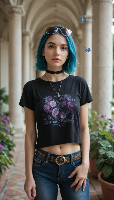 A vibrant realistic photo of a stylish young woman with a dark bob haircut featuring blue highlights, visible boobs, erected nipples, (She wears a transparent floral t-shirt dress), a brown studded belt, and black lace pants, accessorized with a choker, necklaces, and a brown shoulder bag. She poses confidently with one hand touching her hair, wearing sunglasses on her head. The background is a lush, sunlit garden corridor with white columns, hanging purple flowers, and fluttering butterflies. The style is bright, semi-realistic, and detailed, resembling a high-quality character art or fashion illustration.