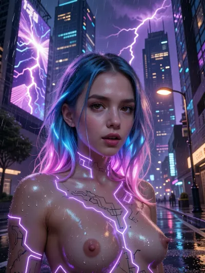(experimental avant-garde artistic study of light and contrast), (striking low-angle closeup of a 20yo woman's brilliant brown eyes), (surreal scene with intense hair-glow lighting, HDR lighting, light bloom, god rays, lens flare, her hair dyed a gradient of electric blue fading into neon pink, each strand catching the ambient glow like liquid glass. The woman is sexually highly aroused. she is naked with perfect small aroused breasts. In her skin is overlaid with iridescent circuitry that pulses with a soft violet light, the skin is reflecting the rain‑slick streets in fractured shards, The background stretches into a sprawling cyber‑punk megacity, towering skyscrapers sheathed in glass and neon, their façades etched with intricate circuit‑like patterns that catch the occasional flash of distant thunder. Neon light from a colossal billboard washes the whole scene in a cold, violet‑tinged glow, while a nearby streetlamp adds a soft, warm rim of orange that outlines the girl’s silhouette. A constant drizzle creates a veil of fine mist that hovers in the air, catching particles of light and giving the atmosphere a humid, oppressive feel, while the wet pavement mirrors the kaleidoscope of colors above., (outdoors daylight scene), ((eye-level)), ((Front view)))