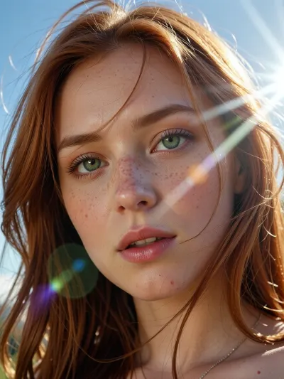 (experimental avant-garde artistic study of light and contrast), (striking low-angle closeup of a 24yo woman's brilliant green eyes), light red hair, (surreal scene with intense hair-glow lighting, HDR lighting, light bloom, god rays, lens flare), (stray strands of hair framing her face), (outdoors daylight scene), (cinematic offset framing composition)