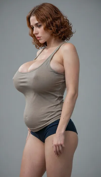 (((is holding his soft lower stomach))), ((Knee-deep photos)), side view, girl with massive breasts, breasts are crammed into tight tank top, clothing is insanely tight, (((((breasts are billowing around fabric seams))))), ((((tank top is overflowing with huge natural breasts)))), tearing fabric around breasts, fabric straining, tank top is too to contain massive breasts, fabric cutting into skin, tank top is too for huge tits, Irish redhead, tight curly hair, tight top, simple background, pale skin, detailed skin, cinematic, great shading, moody lighting, breast inflation, breast expansion, breasts outgrowing tank top, (((Wendy Fiore)))