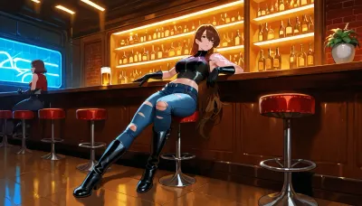 woman, Full body, 23 year old girl, chestnut brown hair, wavey long hair, look at viewer, she is wearing ripped jeans, sleeveless denim jacked very torn up, over the knee biker boots, leather gloves, neon glowing tattoos, cyberpunk look

In a 23 century futuristic bar, alot of neon lighting, crowded. Shes at the bar drinking a beer telling an animated story to a very skinny man

dynamic Pose, sharp focus, by pascal blanche rutkowski repin artstation hyperrealism painting concept art of detailed character, perfect professional photography Hyperrealistic photo perfect figure, Hyper detailed by Magali Villeneuve, Clint Cearley and Ekaterina Burmak, high definition textures, meticulous details, maximalist, high quality reflections Hyperdetailed Painting By Ismail_Inceoglu Tom Bagshaw Dan Witz CGSociety ZBrush Central Fantasy Art 4K, sidelight, frontlight, cinematic_lighting, neiyi1, damimi, mystery of the dark space, dynamic, dramatic
