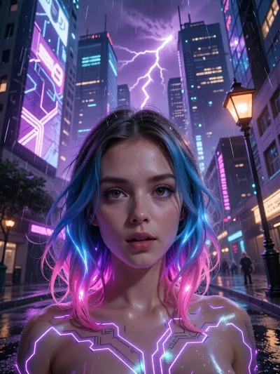(experimental avant-garde artistic study of light and contrast), (striking low-angle closeup of a 20yo woman's brilliant brown eyes and violet pupils), (surreal scene with intense hair-glow lighting, HDR lighting, light bloom, god rays, lens flare, her hair dyed a gradient of electric blue fading into neon pink, each strand catching the ambient glow like liquid glass. The woman is sexually highly aroused. In her skin is overlaid with iridescent circuitry that pulses with a soft violet light, The background stretches into a sprawling cyber‑punk megacity, towering skyscrapers sheathed in glass and neon, their façades etched with intricate circuit‑like patterns that catch the occasional flash of distant thunder. Neon light from a colossal billboard washes the whole scene in a cold, violet‑tinged glow, while a nearby streetlamp adds a soft, warm rim of orange that outlines the girl’s silhouette. A constant drizzle creates a veil of fine mist that hovers in the air, catching particles of light and giving the atmosphere a humid, oppressive feel, while the wet pavement mirrors the kaleidoscope of colors above., (outdoors daylight scene), ((eye-level)), ((Front view)))