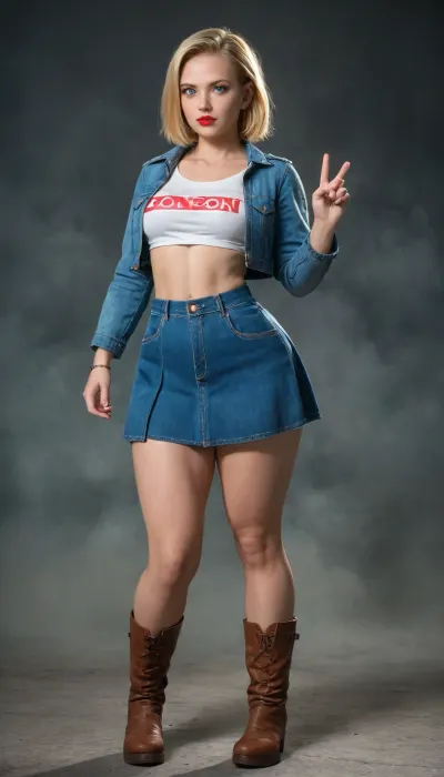 ((Barely cool)), ((Android 18:1.2)), realistic full body portrait in dynamic pose, (turquoise eyes), ((serious and mysterious expression:1.2)), ((Bright red lips very thick and small:1.3)), ((narrow waist:1.4)), (((extremely wide and curvilinear hips))), (((thick thighs))), (((Ella está en un callejón futurista con mucha fog:1.5))), ((She's wearing a crop-top with a beautiful denim jacket and pleated denim skirt)), ((Ankle boots with platform:1.1)), ((short golden hair:1.2)), ((warm lighting, fog:1.4)), ultra realistic leather and fabric texture, ultra high resolution 8K, photorealistic style --v 5 --ar -style 750