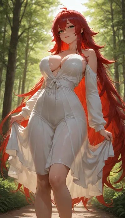Original character, named Daisy, (photo realistic), (masterpiece), (high resolution), ((maximum detail)), (score_9), Latina, 18, petite, toned body, narrow face, beautiful face, detailed face, natural light makeup, green eyes, almond shaped eyes, ((freckles on face)), ((excessively long red hair)), ((hyper long hair)), ((hair goes past her knees)), natural large breasts, (standing at the peak of a grassy hill, trees in the background), sun shining brightly, ((wearing a long button down flowing green sun dress with sleeves, silhouette of her body visible though the dress)), spinning in place twirling her dress, playful expression, ((full scene view))