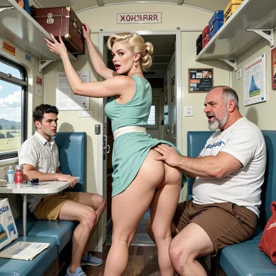 A scene in USSR in 1960s, compartment of a Soviet passenger train, very beautiful 40-year-old woman with elegant gathered hairstyle of blonde hair with cute facend wide hips, she dressed in elegant light green mini dress . She stands sideways in the middle of the compartment with her arms raised, taking a suitcase from the left top shelf. She travels in the carriage through the USSR. The carriage compartment of a Soviet passenger train. a obese Arabian bearded fat old man, dressed in brown shorts and white T-shirt is He is sitting on the bottom right shelf and lift up the hem of her dress above her ass from behind and roughly paws her buttoms in panties With a mocking laugh looking on her ass. On the bottom left shelf sits a scowling younger guy in a shirt and shorts .As we drive past, the only things visible from the windows are landscapes . The overall mood is intense, rendered in fine, expressive line work and subtle shading, evoking the style of 1950s satirical or moralistic illustrations.