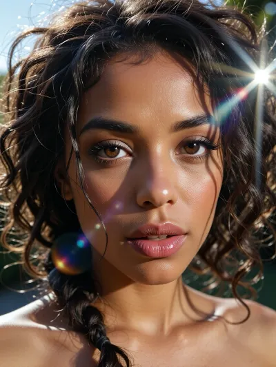 (experimental avant-garde artistic study of light and contrast), (striking of a 24yo woman's brilliant brown eyes), (surreal scene with intense hair-glow lighting, HDR lighting, light bloom, god rays, lens flare, afro american), (stray strands of hair framing her face), (outdoors daylight scene), (cinematic offset framing composition)