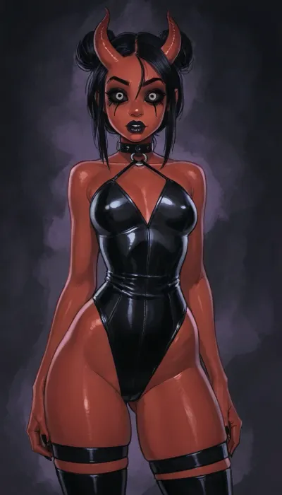 reiq style and Jack cayless art style, masterpiece, best quality, highly detailed, (anime:1.2), BREAK, (solo), 1 lady, 3/4 view, (((demon girl, deep red skin, black sclera, completely black eyes))), horns, style, (1woman, 8k resolution, ultra-detailed), exposed, (goth outfit), piercing on eyebrow, piercings on face, goth accessories, dark purple background, (((huge ass, strong thighs, very defined glutes))), (((petite chest, narrow waist))), (curvy), aryan, plump black lips, chocker, realistic face, beautiful black hair, goth makeup, beautiful face, high bun hairstyle with fringe, seductive face, hot e, mid shot, satanic, (((scary, spooky, occultism, hell, sinful, lust, satanism, nightmare, demon, demonic))), ratatatat74, <lora:EnvyBeautyXL02:.5>, <lora:mk_Bp Anime_xl:1.7>, <lora:EnvyAnimeDigitalPaintingXL01:.5>, <lora:ratatatat74-000050:.6>, <lora:EnvyInfernalXL01:.7>