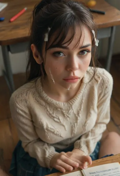 Masterpiece, hd, ultrarealistic, score_9, score_8_up, score_7_up, Pov from the side and above, looking down at a girl sitting at a desk in a classroom, side view, ((very high angle of view)), 18 years old, she's 18 but looks 14, legal age of consent, half asian, she has long straight brown hair, (tight high ponytail), (bangs), (fringe), (her hair is beautiful, clean and shiny), (her hair is covered in cum), (cum in hair:1.4), (lots of cum in her hair), cute, adorable, innocent, (young), tight fitting school uniform, soft cardigan sweater, very skinny, very petite, freckles, dark eye makeup, pink lipgloss, hands together daintily in her lap, sad, angry, girl, cum, on, face, <lora:MJ52:.8>, <lora:style_lora_realis:2>, <lora:JustCum:2>