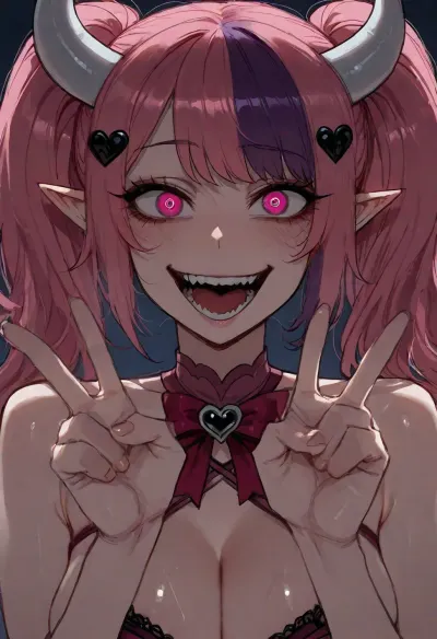 (Ratatatat74), (ironmouse), crazy eyes, solo, cute, wink, peace sign, <lora:ratatatat74-000050:.8>