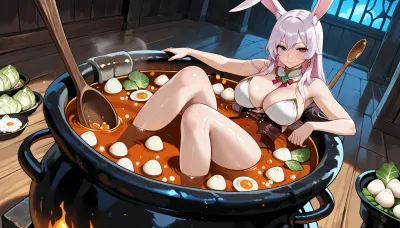 (Fantasy Artwork), (((2women))), (sexy witch kisses a woman sitting in a colossal cauldron), (A woman soaking inside a colossal cauldron filled with a large volume of boiling carrot stew), She wears white rabbit ears. various vegetables and herbs are scattered within it. Shredded cabbage, (Sexy witch stirs the cauldron with a giant wooden spoon), Sexy witch stands next to the cauldron, turnips, radishes, and egg dumplings float in the broth. Cozy and playful. dramatic angle, extreme angle shot, natural beauty, (High, Resolution), (More, Details), (8K), <lora:outline_xl_kohaku_delta_spv5x:.8>, <lora:checkpoint-e100_s400:.8>
