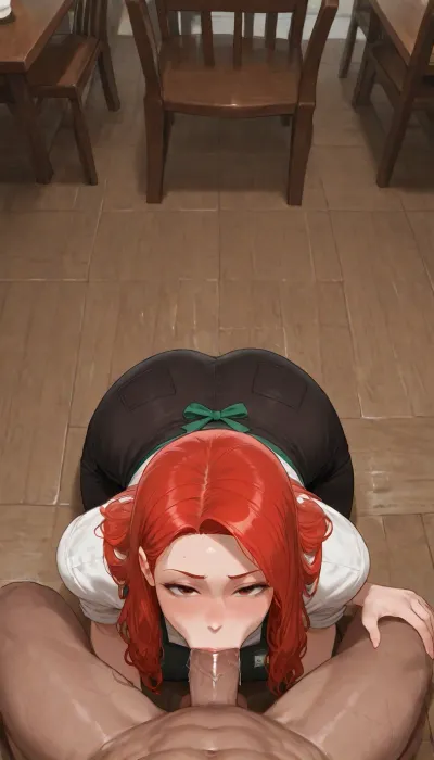 Busty redhead barista woman kneeling on the floor of a coffee shop, wearing uniform, giving a sitting muscular man a sloppy blowjob, ((busty redhead barista)), ((redhead woman)), ((kneeling on coffee shop floor)), ((giving muscular man sloppy blowjob)), ((sloppy blowjob)), ((chair blowjob)), ((coffee shop setting)), coffee, shop, RokuMadelainePetsch, Rokupetsch, long, hair, NEGATIVE_HANDS, bl0j0, girl, blowjob, pov, penis, <lora:JJsCoffee_Shop_XL:1.5>, <lora:Madelaine Petsch:1>, <lora:bl0j0:1.5>