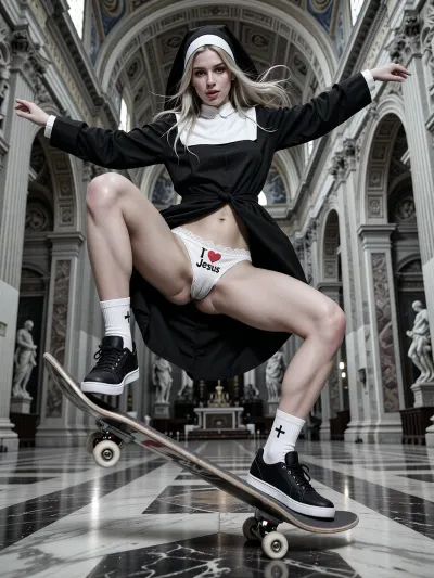 ultra photorealistic monochrome black and white action photography, (extreme panoramic 25:9), composition, clearly adult woman 24 years old, slim naturally athletic build, spectacular high energy skateboarding moment inside St Peter’s Basilica in Rome, extremely low viewpoint only centimeters above the polished marble floor, powerful wide cinematic perspective, woman dominating the immediate foreground while the monumental basilica expands dramatically across the background, enormous columns, arches, sculptures, distant altar, vaulted architecture and intricate stonework rendered with authentic precision, captured at the absolute peak of a technically correct high ollie, entire skateboard completely airborne, rear foot having explosively popped the tail, front foot sliding upward along the grip tape to level the deck, both knees strongly compressed upward, board tightly controlled beneath both feet, perfect realistic skate anatomy, convincing balance, muscular tension through calves and thighs, arms spread dynamically for stabilization, traditional dark nun costume unmistakably recognizable, black habit and veil, long robe naturally opened at the lower front for unrestricted skating movement, heavy fabric flying dramatically upward and outward from the jump, revealing her athletic legs and clearly visible white satin underwear beneath the lifted habit, delicate lace edging, centered across the front of her white pantie a crisp clearly readable playful print, "I ♥ Jesus", symbols large enough to remain recognizable in the photograph, practical black and white skate shoes, white crew socks with tiny simple Christian cross motifs, long blonde hair escaping beneath the veil, damp individual strands flying through the air, intensely concentrated beautiful face, sharply resolved irises, eyelashes, eyebrows, cheekbones, lips and subtle dimples, visible perspiration across forehead, temples and neck, immaculate realistic skin with detailed pores, fine vellus hair and natural microtexture, extreme textile detail in veil, habit, satin, lace, stitching and folds, highly detailed worn street skateboard, scratched trucks, realistic hardware and scuffed wheels, crisp focus locked on face, body, underwear print, feet and skateboard, motion blur confined to flying hair and robe edges, dramatic high contrast grayscale, deep blacks, luminous silver highlights, rich midtone separation, strong local microcontrast, subtle documentary grain, reflected shapes across the polished marble floor, 35 mm full frame photography, f 2.8, 1/1600 second, dramatic frozen motion, spontaneous editorial skate photography, monumental scale, maximum photographic realism