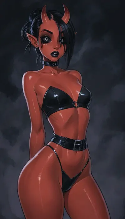 reiq style and Jack cayless art style, masterpiece, best quality, highly detailed, (anime:1.2), BREAK, (solo), 1 lady, 3/4 view, (((demon girl, deep red skin, black sclera, completely black eyes))), horns, style, (1woman, 8k resolution, ultra-detailed), exposed, (goth outfit), piercing on eyebrow, piercings on face, goth accessories, dark purple background, (((huge ass, strong thighs, very defined glutes))), (((petite chest, narrow waist))), (curvy), aryan, plump black lips, chocker, realistic face, beautiful black hair, goth makeup, beautiful face, high bun hairstyle with fringe, seductive face, hot e, mid shot, satanic, (((scary, spooky, occultism, hell, sinful, lust, satanism, nightmare, demon, demonic))), ratatatat74, <lora:EnvyBeautyXL02:.5>, <lora:mk_Bp Anime_xl:.5>, <lora:EnvyAnimeDigitalPaintingXL01:.5>, <lora:ratatatat74-000050:.5>