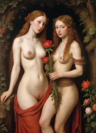 2woman, naked, break, painting, first woman, 127 years old, enormous breasts, blond hair, holding a rose, second woman, 18 years old, petite, very dark brown hair, ery small breadts, grown of flowers around her head, (style of Albrecht Durer:1.7), John, Constable, J.C., Leyendecker, Style, page, <lora:John Constable Style:.8>, <lora:J.C. Leyendecker Style:.8>