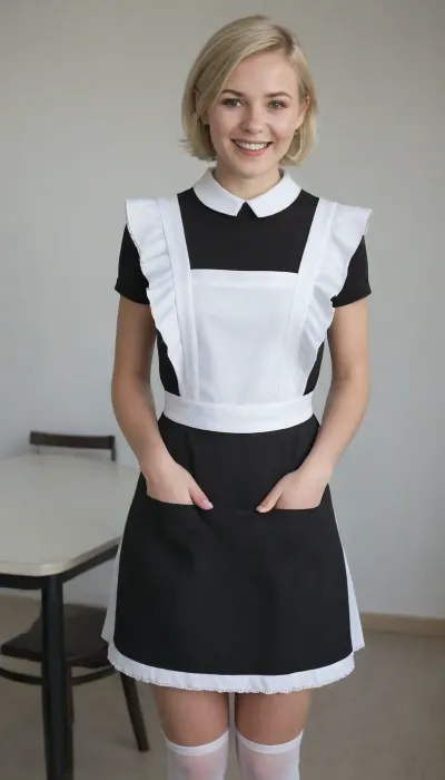 beautiful nordic blonde 18 years old girl, short hair, black dress, white apron, soviet school uniform, white high boots, high heels, blonde, small breasts, laughing, suxl, Scandic, <lora:suxl:.8>, <lora:Blue_and_Orange_Ambient_in_Paris_r2:.8>