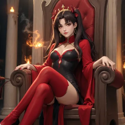 rin tohsaka from fate zero dross style reiq, woman, Sexy devil demon monster queen, sitting on a throne made out of bones, dim light, fire, intricate demon outfit, horns on head, long devil tail, slender body, skinny figure, bright red eyes, seductive smile, maximal details, masterpiece, the whole room is filled with smoke