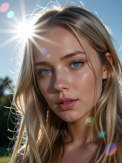 (experimental avant-garde artistic study of light and contrast), (striking low-angle closeup of a 24yo woman's brilliant blue eyes), (surreal scene with intense hair-glow lighting, HDR lighting, light bloom, god rays, lens flare, light blonde hair), (stray strands of hair framing her face), (outdoors daylight scene), (cinematic offset framing composition)