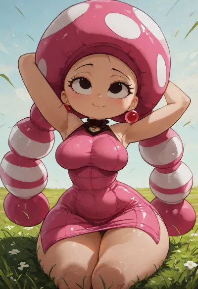 ((high detailed skin)), solo, 8k uhd, detailed 3D render, (Toadette:1.6), pink mushroom head with white spots, large eyes, pink dress, (busty milf proportions:1.3), lying on her back in a field of tall grass, arms above her head, looking up at the sky with a peaceful expression, soft daylight, (Diives artstyle:1.5), soft painterly digital style with warm lighting and gentle shading